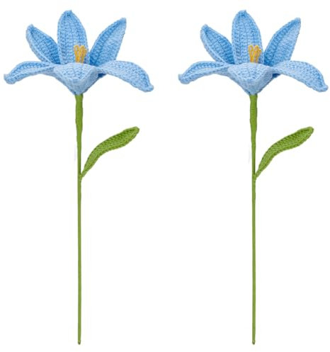 FINGERINSPIRE 2Pcs Fleurs de Lys Artificielles Faites à la Main Au Crochet avec Sacs d'emballage Bouquet de Fleurs de Lys en Coton Tricoté Bleu Ciel avec Fil de Fer Fleurs Artificielles Au Crochet