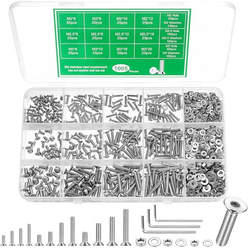 1005 Piezas M2/M2.5/M3 Tornillos y Tuerca de Cabeza Hueca Hexagonal, Tornillos Tuercas Avellanados de Acero Inoxidable, Tornillo Pernos Mecanico de Cabeza Plana para Muebles Garaje