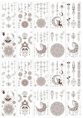 20 Sheets Brown Red Temporary Tattoo Sticker, Lace Temporary Tattoos Waterproof Removable Fake Tattoo Body Art Fashion Decoration