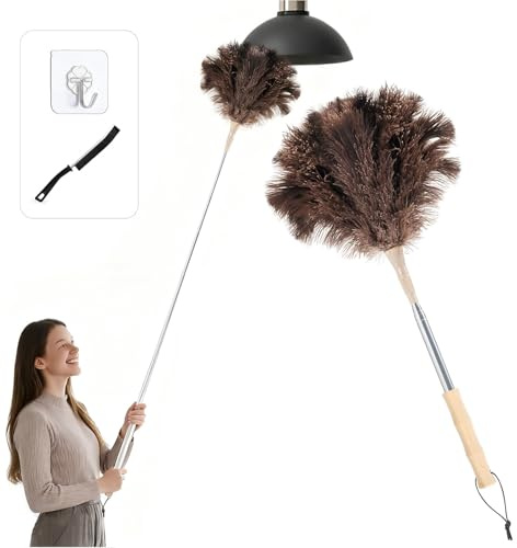 AURIVEE Spolverino con Piume di Struzzo, telescopico estensibile a 115 cm per soffitti e superfici sensibili, rimozione polvere senza graffi, lavabile, manico bambù kaki con gancio e spazzola fessure