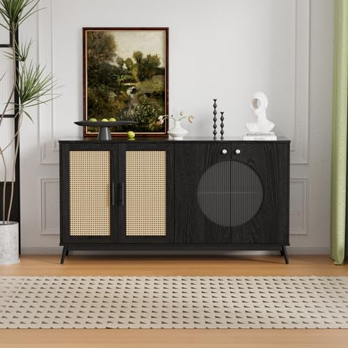 Merax Rattan Sideboard Kommode Wohnzimmer mit 2 Rattantür&Glastüren, Sideboard Holz Buffet Aufbewahrungsschrank Küchenschrank, halbrunde Design, Schwarz/150x40x80cm