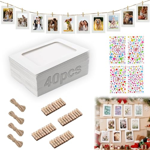 Feegela 40 stycken fotogirlang, set – 10 x 15 cm kraftpapper, fotoram med 40 träklämmor, 4 hamparep och 476 glitterstenklistermärken för fotovägg, bröllop, födelsedag, festdekoration