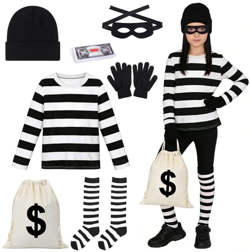 GOUYENG Disfraz de Ladrón de Bancos,Juego de Disfraz de Ladrón,Disfraces de Preso,con Máscara Ladróns Guantes Bolsa Dinero Calcetines Sombrero y Camiseta,para Carnaval,Mardi Gras,Fiesta Temática