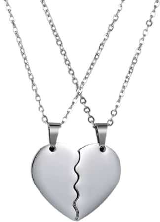 xulisimo Collares de pareja con colgante Corazón dividido en 2 mitades personalizables, acero inoxidable grabado a láser, 2 cadenas de 50 cm, para mujer y hombre, san valentin, enamorados (Plateado)
