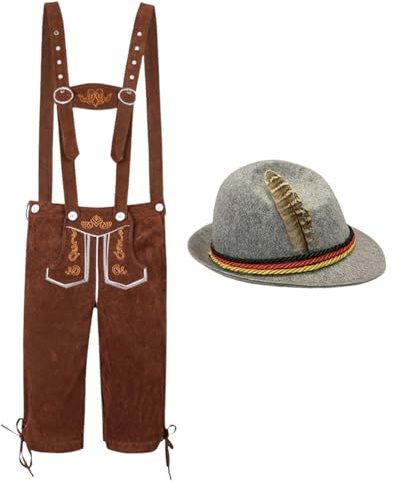 Herrkläder - traditionellt tyskt kostymset, polyesterflanell ölfestivalklädsel med hatt, bayersk Lederhosen-stil för galna evenemang