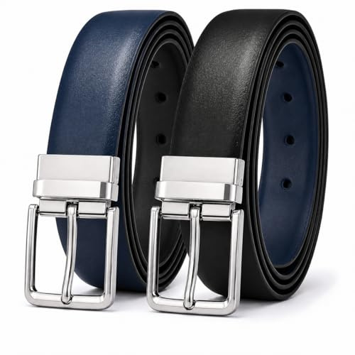 Herrbälte läder vändbart läder tillverkat i Spanien, elegant metallspänne, dubbelsidig svart/marinblå, justerbar, avslappnad formell stil för kostym, kontor, jeans och affärer
