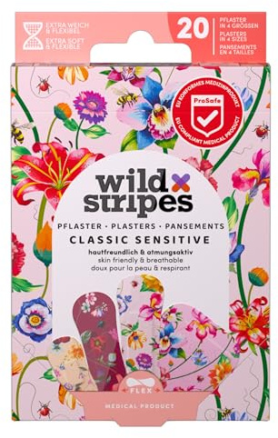 Wild Stripes Lot de pansements Vintage Flowers – Pansement enfants & adultes à motifs de fleurs – Doux pour la peau – Résistants à l'eau, protection 24 h – Colorés (20 pièces)