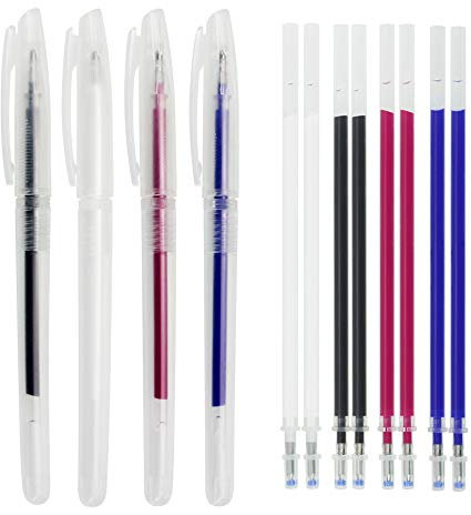 KBNIAN 4 Stück Markierstifte mit Wiederbeschreibbarer Stoffmarkierungsstift Hitze Löschbar Stifte und 8 Ersatz Nachfüllen Als Temporäre Markierung während des Nähens verwenden(Weiß/Rot/Blau/Schwarz)