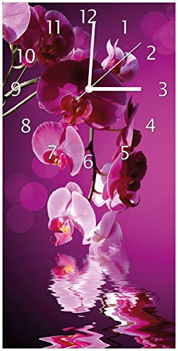 Wallario Design-Wanduhr Rosafarbene Orchidee Blüten in pink aus Glas, Motiv-Uhr Größe 30 x 60 cm, weiße Zeiger