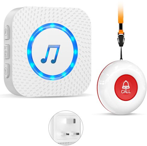 Personal Alarms For Elderly/Elderly Alarm Call Button/Panic Button Alert/Alarm Bell For Elderly/ Patient 500ft With 1 Uk Plug-In Receiver 1 Waterproof Transmitter
