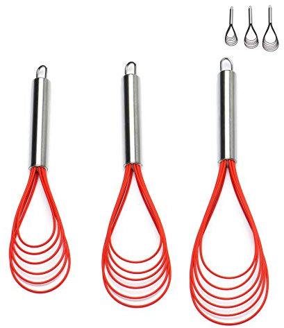 Jell-Cell Lot de 3 fouets plats en acier inoxydable 25,4 cm + 27,9 cm + 30,5 cm avec 6 têtes en silicone anti-adhésif pour mélanger, batter, mélanger la cuisine Rouge