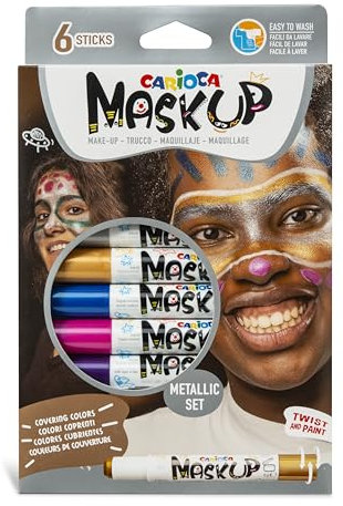CARIOCA Set Mask Up Metallic, Kit Truccabimbi, Set Trucchi per Bambine e Bambini, Trucchi per la Pelle in Stick a Base Acqua, Colori Assortiti e Tutorial con 2 Fantasie, 6 Pezzi