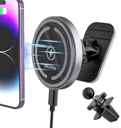OHLPRO MagSafe Car Mount Charger iPhone Wireless Car Charger, Stick on Dashboard Magnetic Phone Holder Mount for iPhone 16 Pro Plus Max 15 14 13 12 Series, 15W Fast Charging, Aluminum Shell