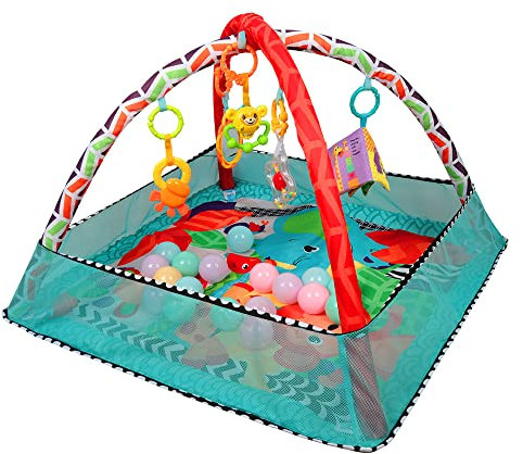 Baby Spieldecke, Baby Gyms Spielbogen, Krabbeldecke Baby Rutschfest,Erlebnisdecke, Baby Spielmatte mit Spielzeug und kleiner Ball. (Quadratisch mit 18 Kugeln/Blau + Sonstiges)
