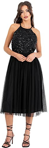 Maya Deluxe Femme Midi Col Licou Demoiselles d'honneur, Robe de Soirée à Pailettes, Bal de Promo, Noir, 40