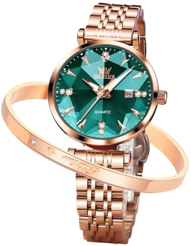 OLEVS Damenuhren Roségold Diamant Kleines Gesicht Edelstahlarmband Analoge Quarz Armbanduhren mit Kalender Leuchtend Wasserdicht Armreif Geschenke Set