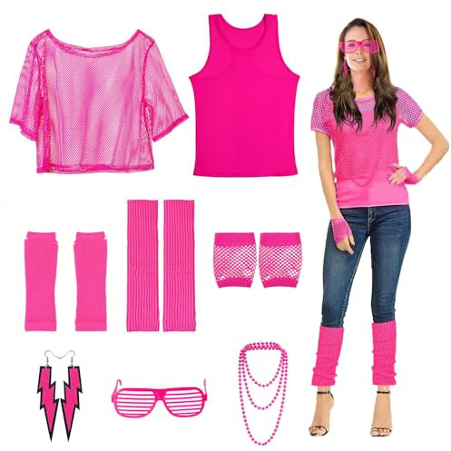 songyea 80er 90er Jahre Outfit Damen, Neon Kleidung Damen, Netzshirt, Tank top, Netzhandschuhe, Beinwärmer, Ohrring, Halskette, Brille, 80er Jahre Accessoires für Karneval Party(Rosa,XL)