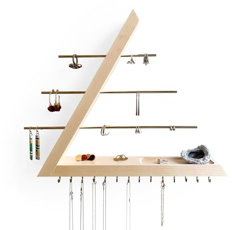 FigureGrain Jewelry Organizer Wall Mounted, Hardwood Hanging Jewelry Holder, Open Triangle Jewelry Display shelf for Necklaces, Earrings, Rings and Bracelets, Gift for her, Patented (Birch)