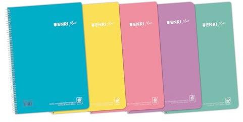 Enri, Cuadernos A4 (Folio) Cuadrícula 4x4, Tapa Plástico, 80 Hojas, Pack 5 Libretas, Colores Pastel