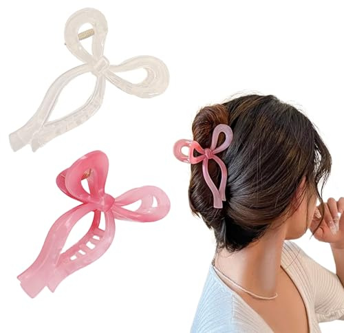 Ayesha Bows Claw Clips - 2 Colors Ribbon Coquette Clips for Thick Hair and Girls, Including Pink