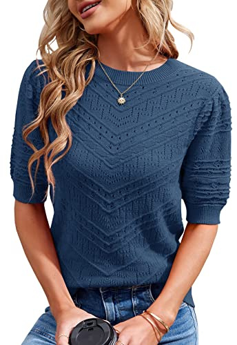 Runcati Damer kortärmad stickad tröja ledig rund hals puffärmar elegant enfärgad tröja tröja tröja