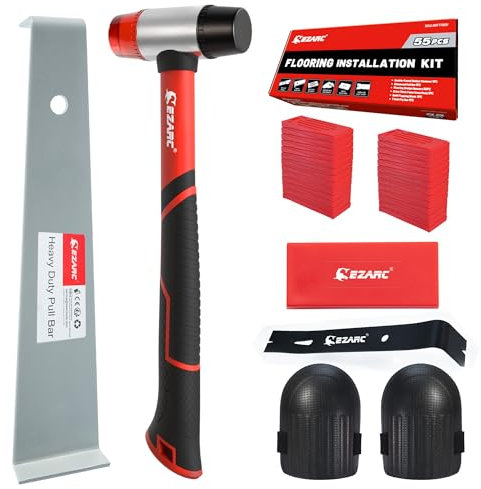 EZARC Vinyl Verlegeset Bodenverlegewerkzeuge, Werkzeugset für Laminatböden, mit doppelseitigem Holzhammer, schwerer Zugstange, Anschlagblock, Abziehstange und 50 Abstandshaltern für den Boden.