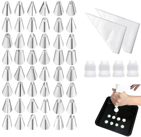 Tiuxiu 152 Pezzi Beccucci per Pasticceria Kit per Torte Kit per Torte con 48 Beccucci 100 Tasche da Pasticcere Usa e Getta 4 Adattatori per Decorare Torte Dolci Cupcake e Pasticceria