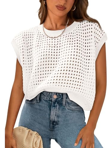 PRETTYGARDEN Womens Spring Tops 2025 Summer Shirts Crochet Cap Sleeve Sweater Pullover Cute Beach Vacation Clothes(White,Medium)