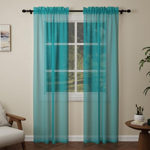 Pacok Teal Voile Curtains 84 Drop, 2 Panels Rod Pocket W56xL84 Inch | See Through Net Curtains for Windows Long Washable Sheer Curtain Panel for Living Room, Bedroom, Kitchen 142 x 213cm Drop
