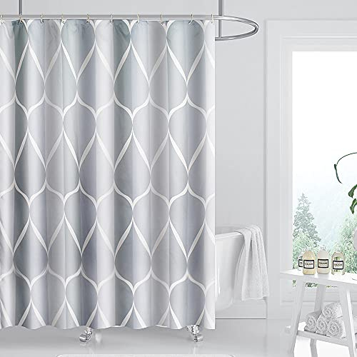 Simpolor Shower Curtain with Hooks, Long Shower Curtain Made of Polyester Fabric, [Stylish & Elegant] [Water Repellent] Shower Liner for Bathroom, Grey Line - 180 x 180 cm (71 x 71 Inch)