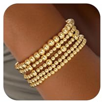 Eaciy Gold Bracelets for Women Teens, 5PCS 14K Gold Plated Beaded Bracelets Gold Strand Bead Ball Bracelet Stack Set Adjustable Bracelet Set Waterproof Jewelry for Women Gifts Non Tarnish