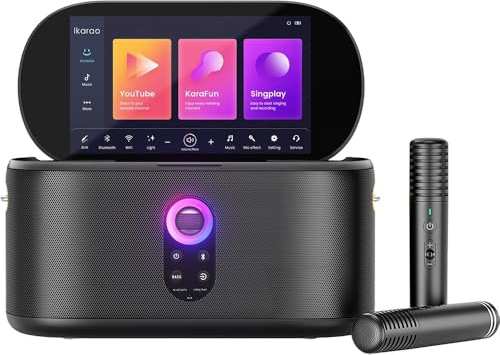 Ikarao Shell S1 Professioneller Karaoke-Lautsprecher mit 10,1 Zoll Touchscreen, 2 wiederaufladbare kabellose Mikrofone, kraftvoller Sound 280W, KaraFun Prime und tragbar für Partys
