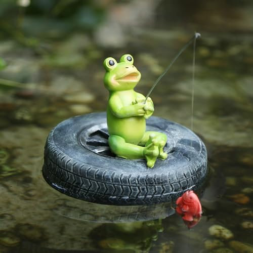 Nexoria Cute Animal Fishing Figurine Resin Miniature Sculpture, Floating Frog Pond Ornaments, Resin Statue Frog Sculpture for Garden Pond Pool Decorations Patio Lawn Ornament