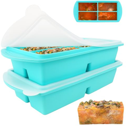 Lotvic 2 Pack Soup Cube Silicone Freezer Tray, 1000ML Freezer Containers with Lid, 4-Compartment, Makes 8 1-Cup Portions Cubes, Freezer Tray for Meal Prep, Soup, Sauce (Blue)