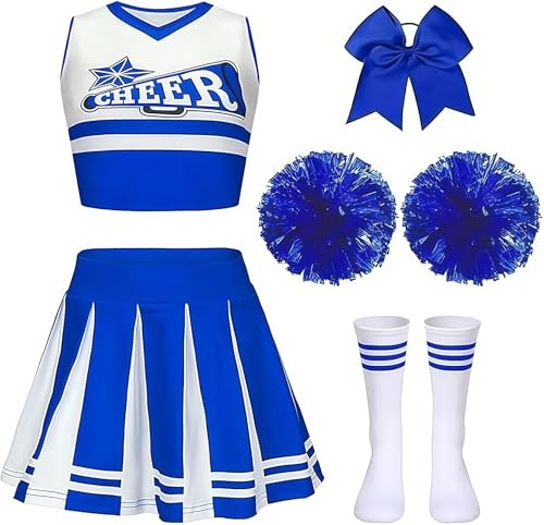 Gekyve Girls Cheerleading Costume for Kids – Cheer Uniform with Pom Poms, Socks & Hair Bow, Sleeveless Cheer Outfit for School Sports Events, Carnival, Masquerade & Halloween Dress Up