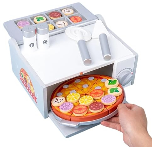 Pretend Play Food - Wooden Pizza Toy, Large Size Educational Learning Set with Oven and Accessories for 3 Years Old and Up Children Boys Girls Birthday Christmas Holiday Play Activity