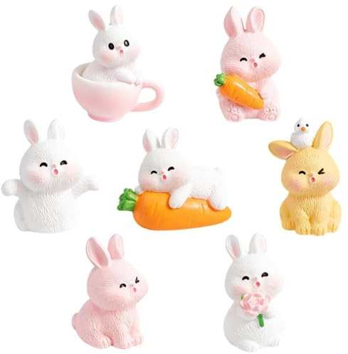 ThrenodyToy Figura Conejito Resina,Figuras de Conejito,Figuras de Conejito para Pascua Paisaje Decoración Cumpleaños Regalo,Adornos de Resina para Jardín y Hogar Decoración,7pcs