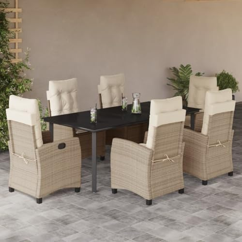 Owoxanthellate Salon de jardin 7 pièces en rotin synthétique beige avec table en verre, 160 x 80 cm, fauteuils relaxants réglables, résistants aux intempéries, meubles de terrasse, modernes pour