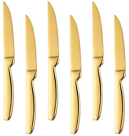 Acciaio Inox Oro Nitidezza Coltello da Bistecca, Bisda 6 Pezzi 18/0 Elegante Design Coltello da Tavola Con Lucidatura ad Alto Specchio, Lavabile in Lavastoviglie