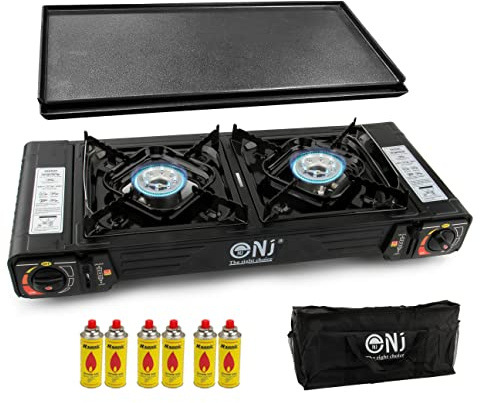 NJ DS-22 Double Camping Stove - 2 Burner Portable Butane Gas Cooker Carry Bag Grill Plate BBQ (Stove + GRILL + 6 Canisters)