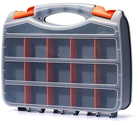 CASOMAN 12-inch Double-Side Hardware Box Storage with 15 Compartments Each Side, DIY Removable Dividers, Tool Organizer