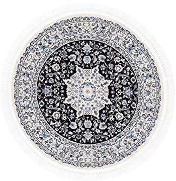 carpetfine Orientteppich Nain Diane Blau Ø 120 cm Rund | Tradtioneller Teppich für Schlaf- und Wohnzimmer