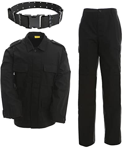 YuanDiann Män utomhus taktiska kamouflagekläder, camo-skjorta & byxor & externt bälte 3-delat set, andningsaktiv slitstark trekking militär stridskläder