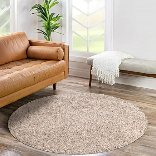 carpet city Shaggy Hochflor Teppich - Rund 120 cm - Sand-Beige - Langflor Wohnzimmerteppich - Einfarbig Uni Modern - Flauschig-Weiche Teppiche Schlafzimmer Deko
