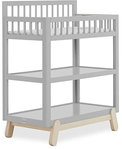 Dream On Me Hygge Baby Nusery Changing Table, Elevated Safety Rails, Water-Resistant Changing Pad & Safety Belt, Spacious Storage Shelves, GREENGUARD Gold & JPMA Certified – Pebble Grey Oak