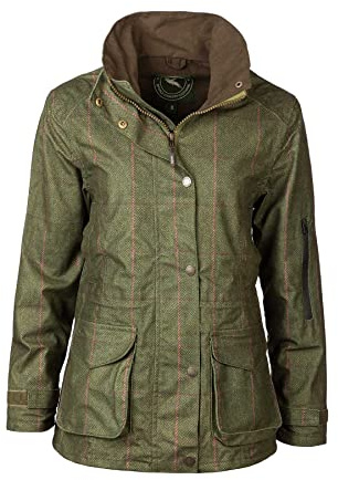 Rydale Ladies Tweed Print Waterproof Shooting Jacket Womens Tweed Hunting Coat Mesh Lined Jackets 2 Colours (as8, numeric, numeric_14, regular, regular, Olive)