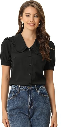 Allegra K Women's Peter Pan Collar Shirt Puff Short Sleeve Retro Vintage Button Down Shirts Black M