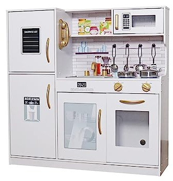 Large Kids Kitchen Play Set Wooden Kitchen Cooking Utensil Pretend Play Set Toy Kids Chef Pretend Play Kitchen Cooking Set (White/Gold Edition)