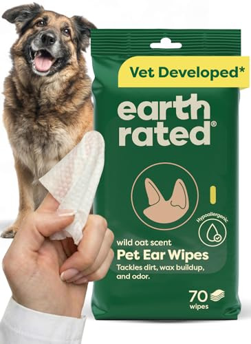 Earth Rated Dog Ear Wipes, Vet-Developed Pet Ear Wipes for Dogs & Cats, Hypoallergenic Cleaner to Remove Dirt and Wax, Wild Oat Scent, 70 Count