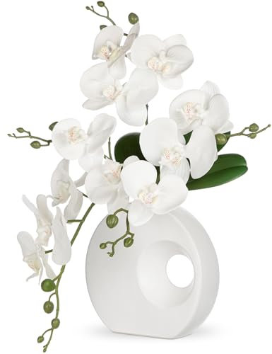 Oairse Artificial Orchid Plant in Ceramic Pot 15.7 Realistic Faux Orchid Flowers for Indoor Decoration Silk Orchid in White Vase for Centerpiece Home Office Living Room Wedding Table Décor